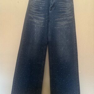 Women's Dark Blue Embellished Wide-Leg Jeans